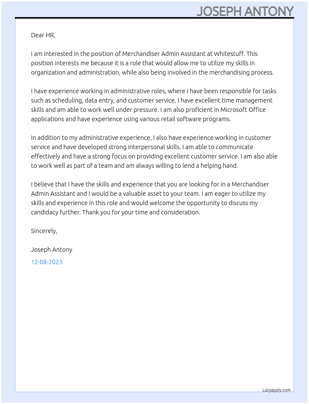 Merchandiser Admin Assistant At Whitestuff Cover Letter