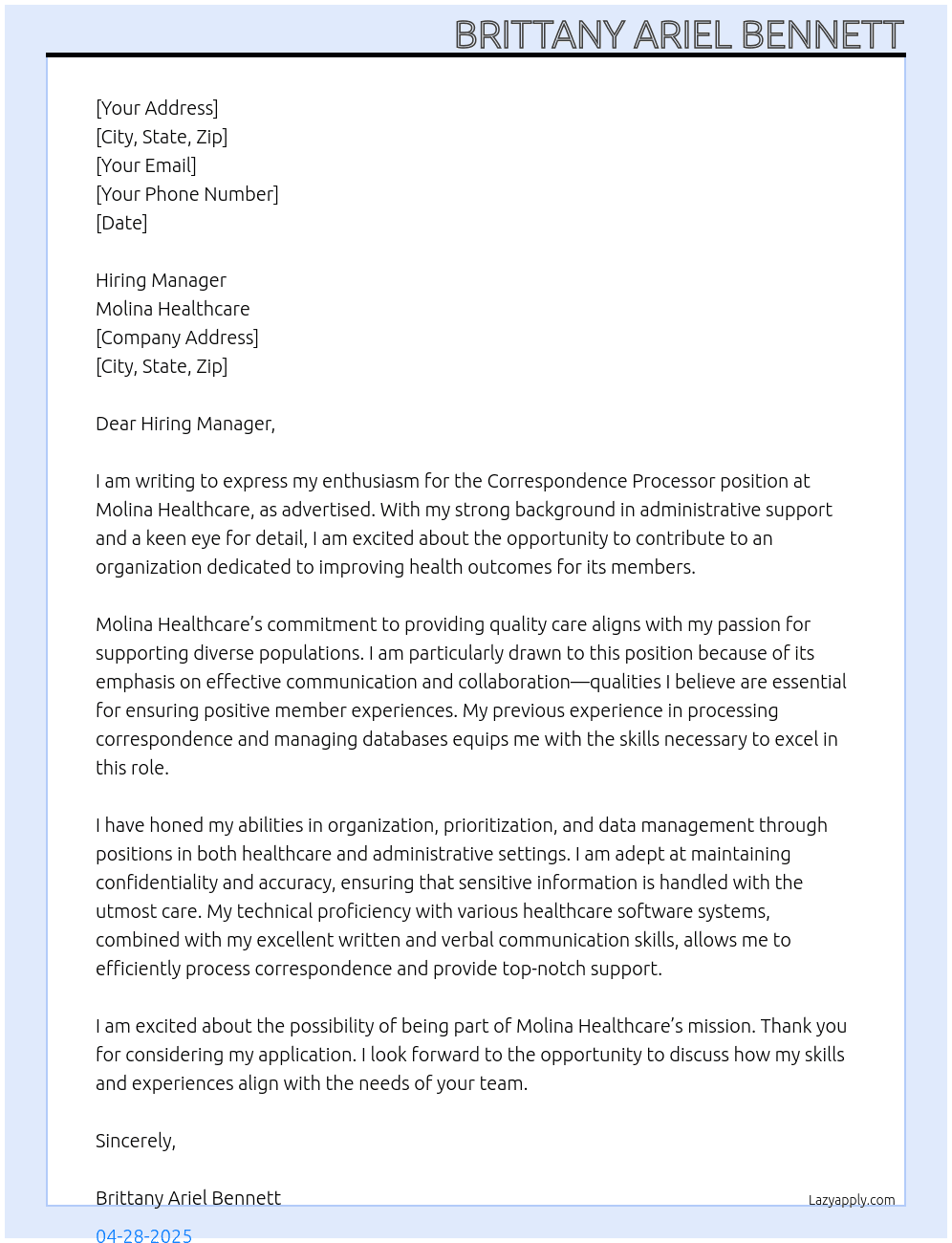 Correspondence Processor - Remote  At Molina Healthcare  Cover Letter