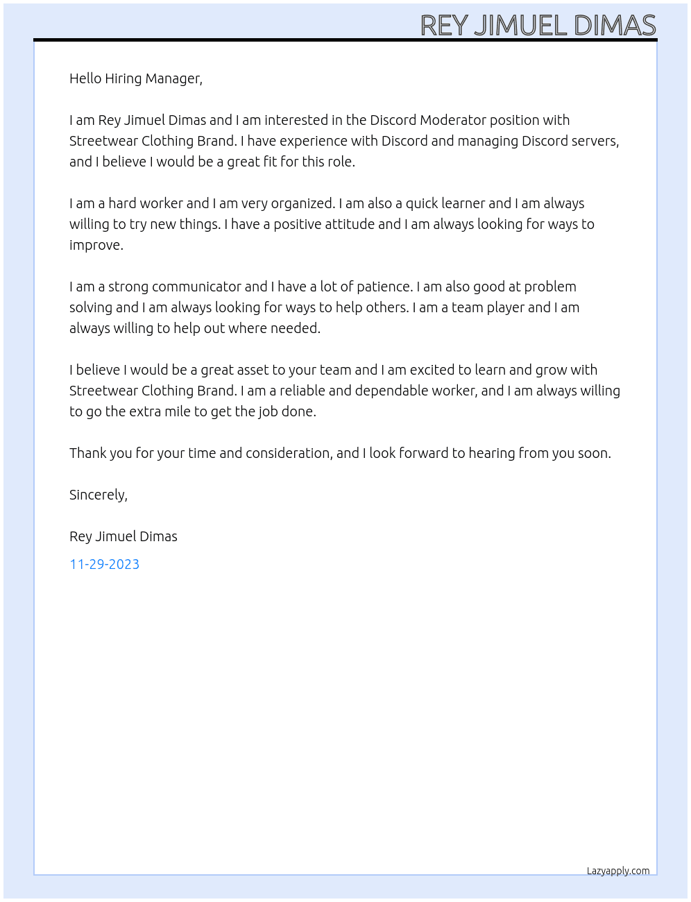 Discord Moderator At Streetwear Clothing Brand Cover Letter