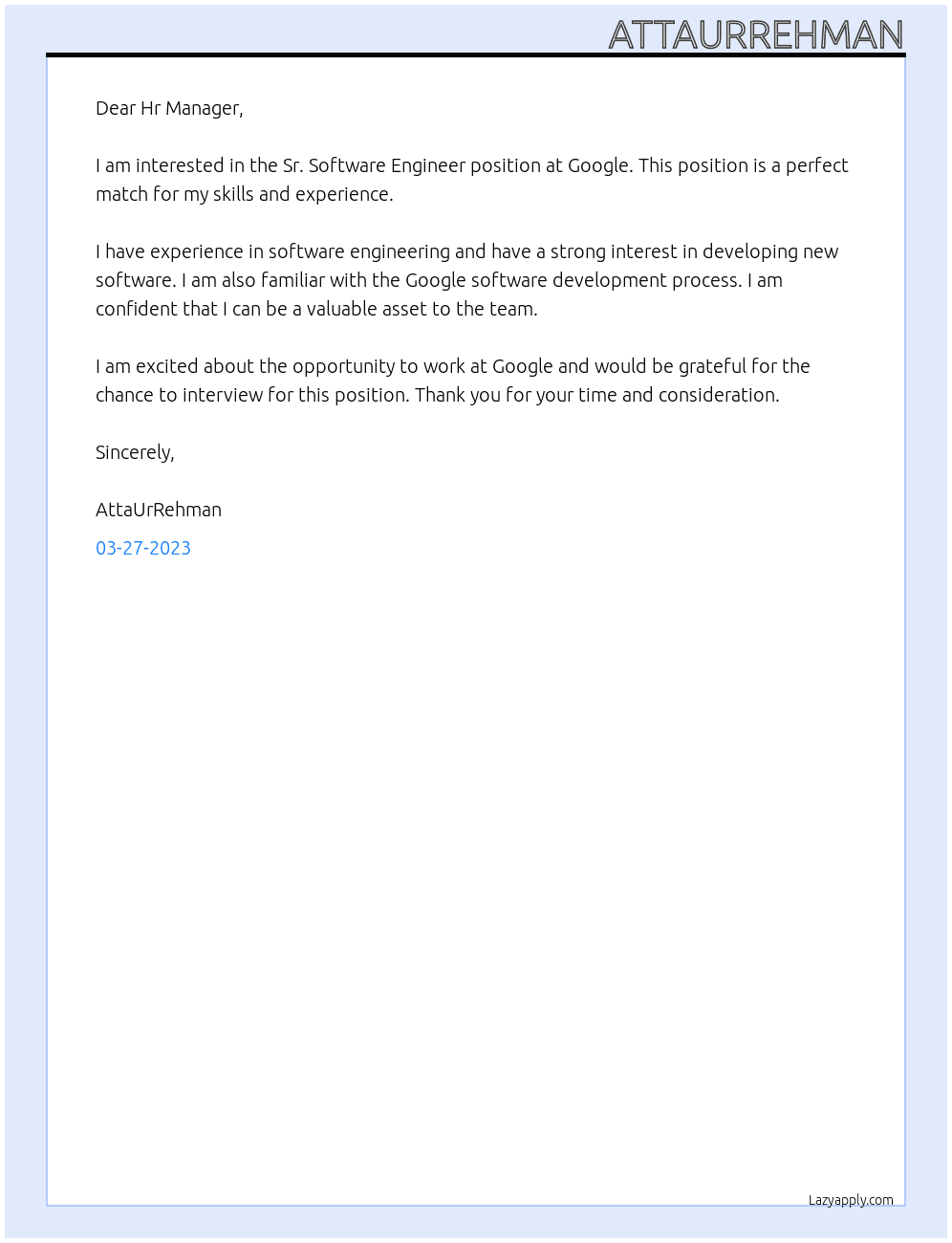 Sr. Software Engineer At Google Cover Letter
