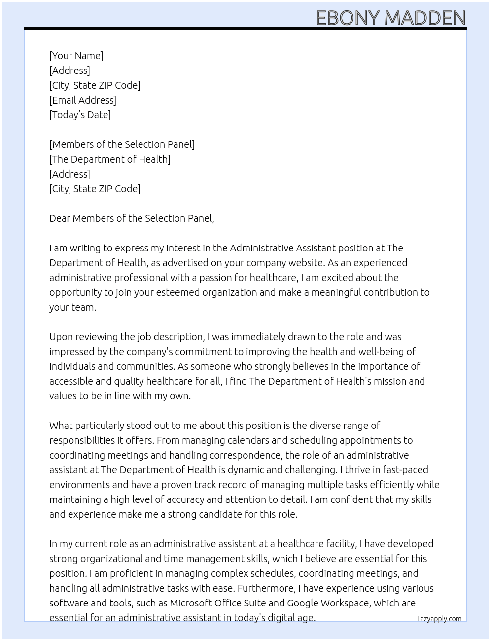 Administrative Assistant  At The Department of Health  Cover Letter