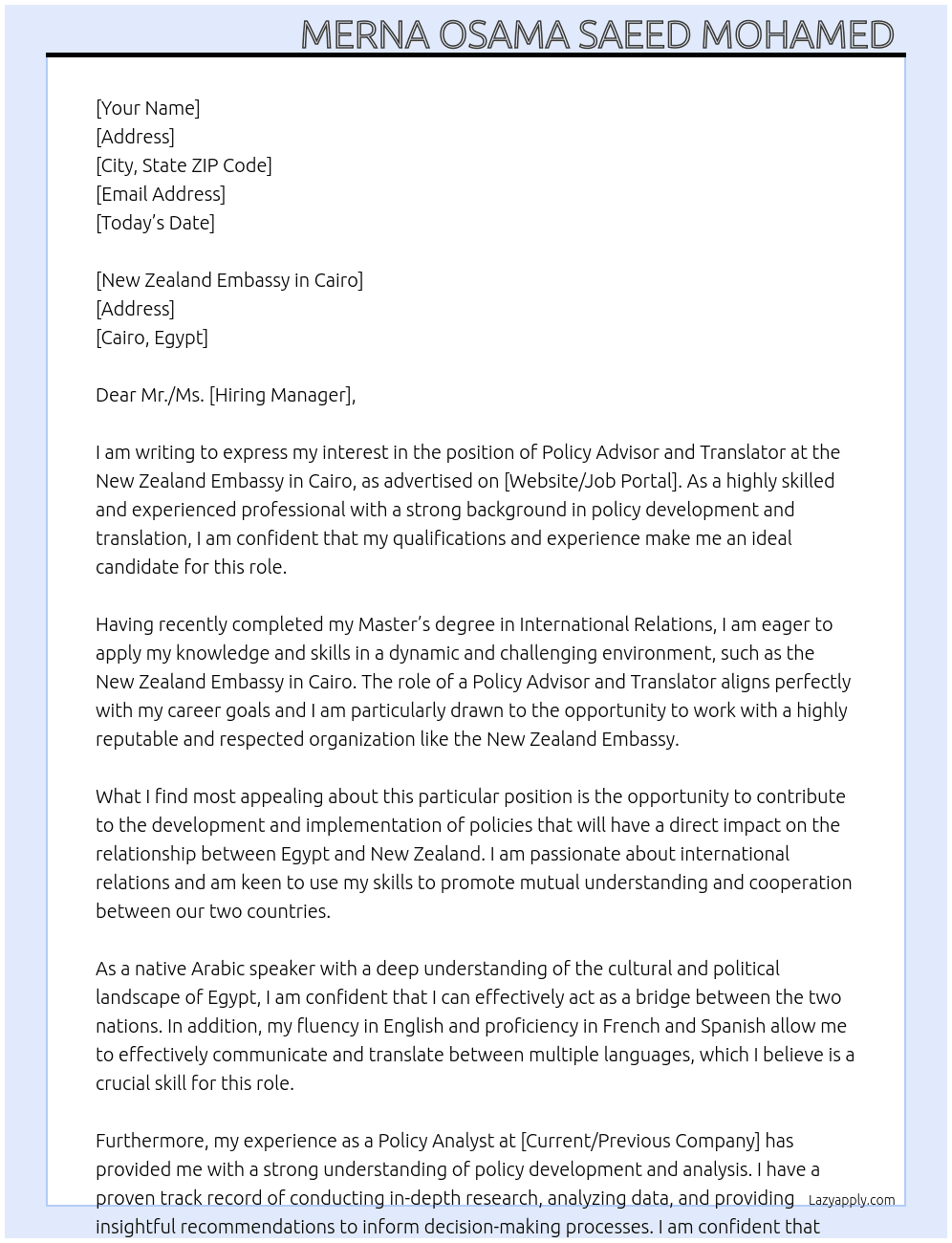 Policy advisor and translator  At New Zealand Embassy in Cairo  Cover Letter