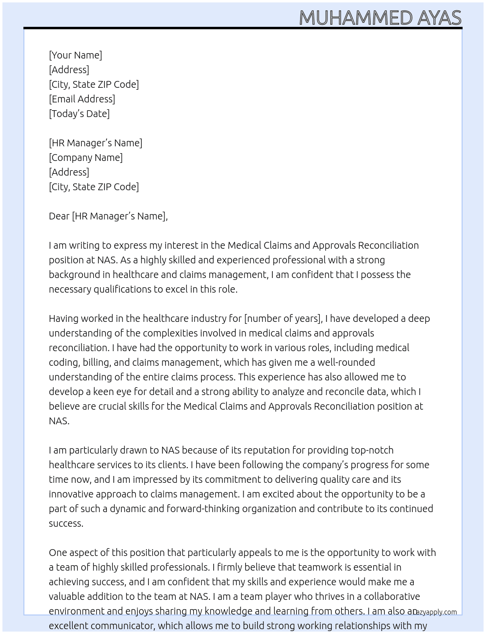medical claims,approvals RECONCILIATION At NAS Cover Letter