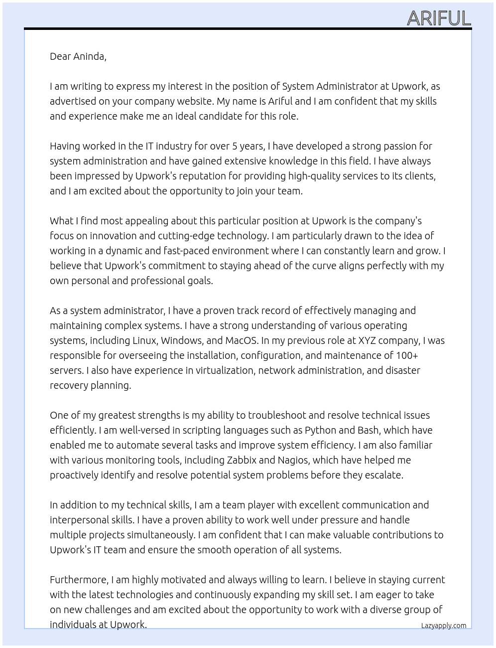system administrator At Upwork Cover Letter