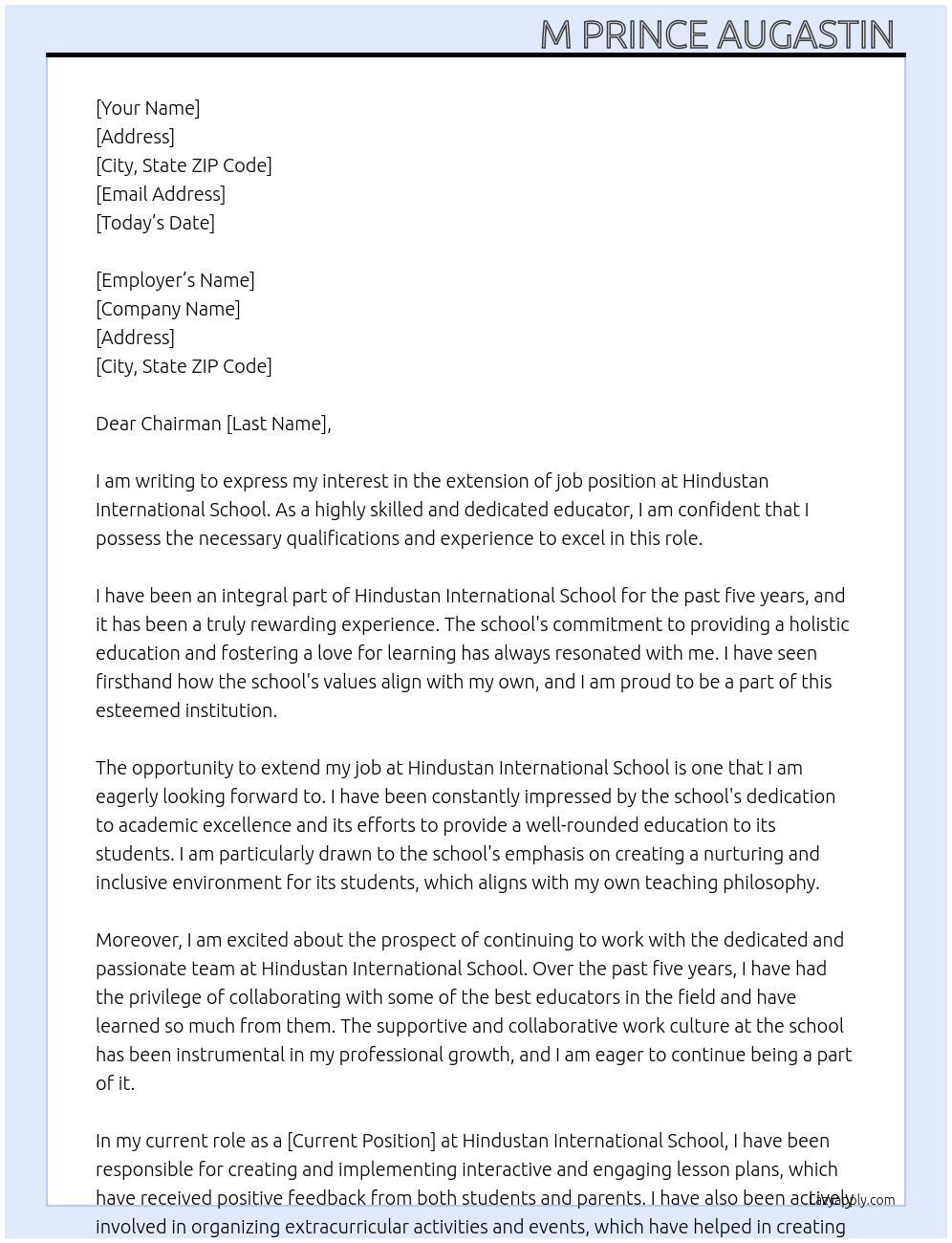 Extension of job  At Hindustan International School Cover Letter