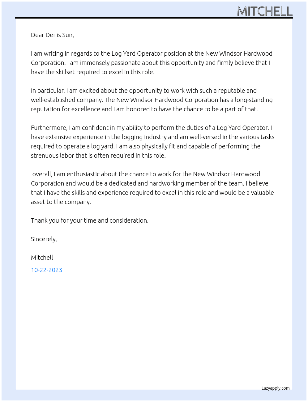 Log Yard Operator At New Windsor Hardwood Corporation Cover Letter