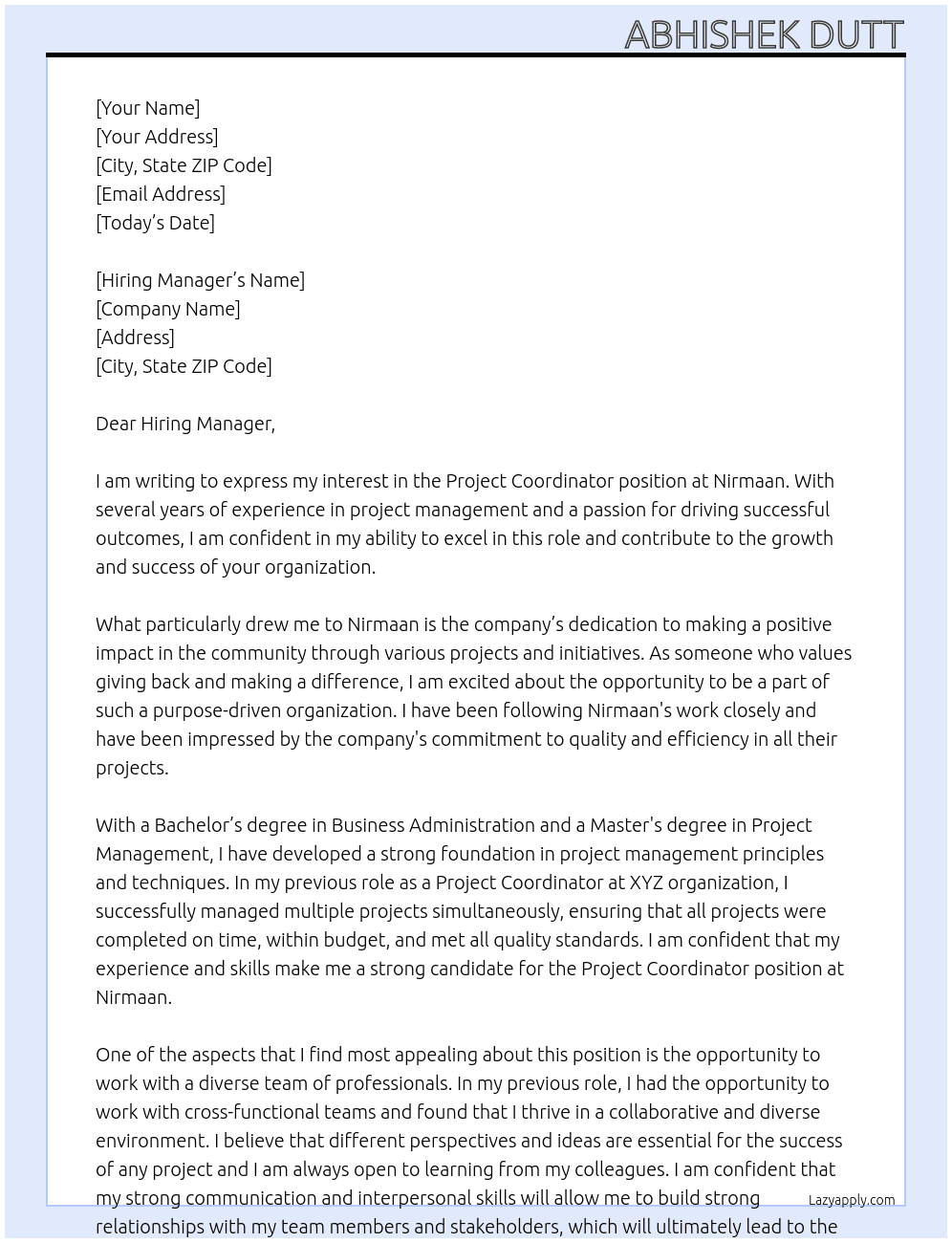 Project coordinator  At Nirmaan Cover Letter