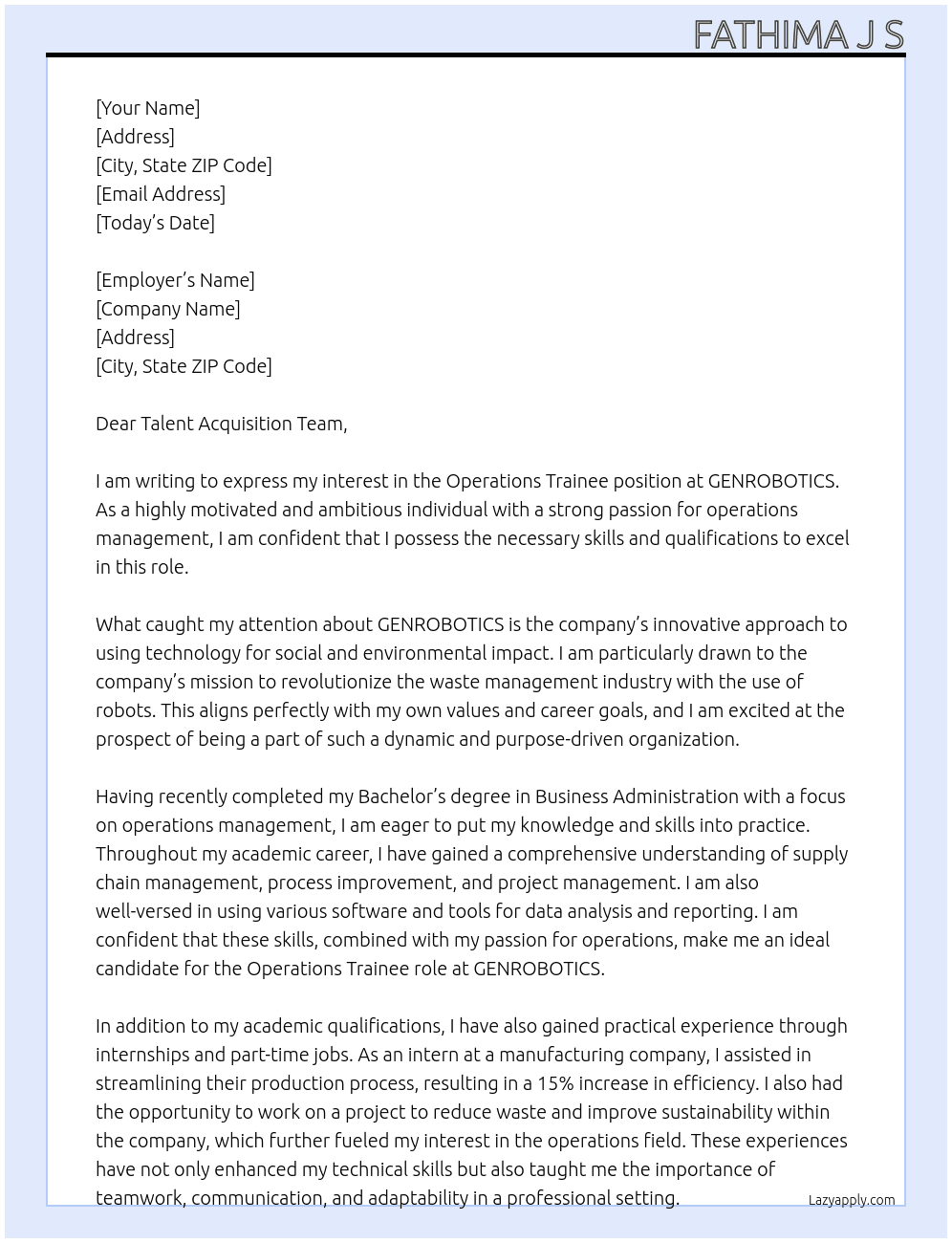 Operations Trainee At GENROBOTICS Cover Letter