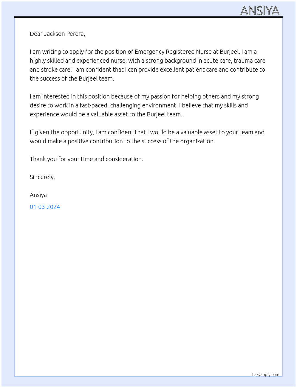 Emergency Registered Nurse  At Burjeel  Cover Letter