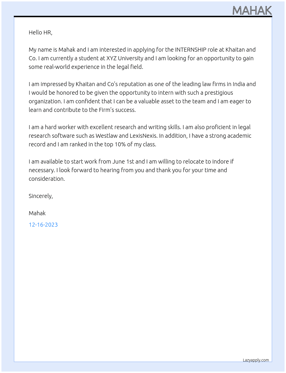 internee At khaitan and co. Cover Letter