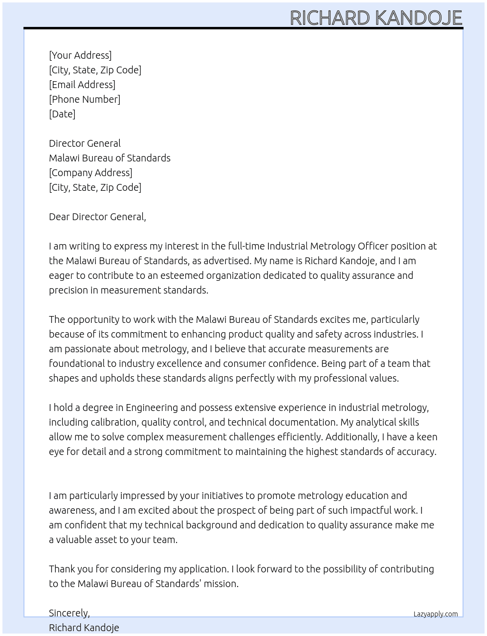 industrial metrology officer At Malawi Bureau of Standards Cover Letter
