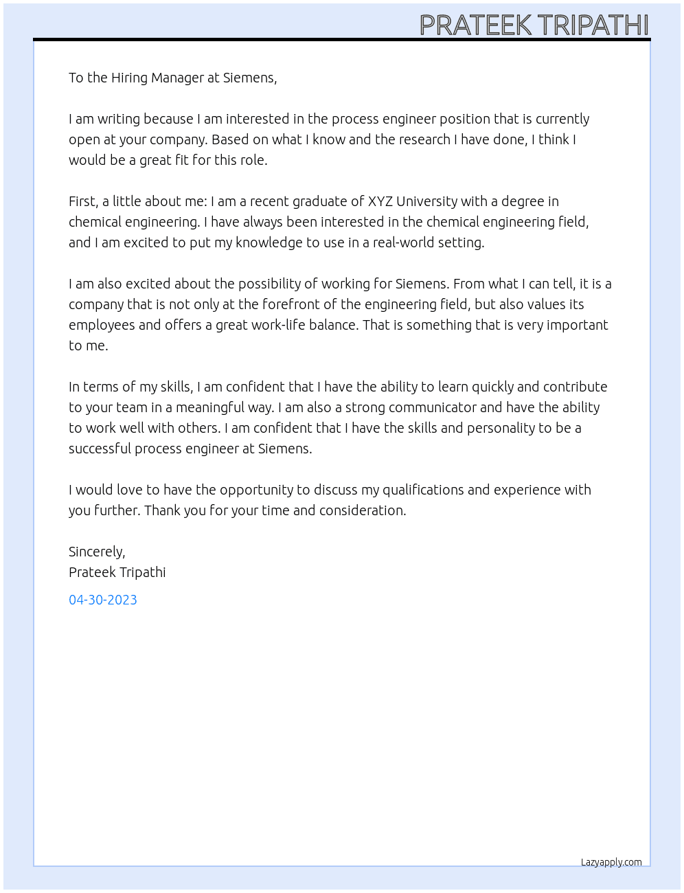 Process Engineer At Seimens Cover Letter