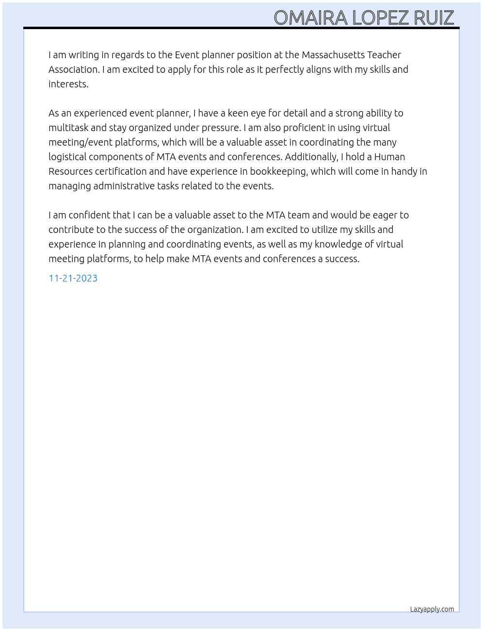 Event planner At Massachusetts Teacher Association  Cover Letter