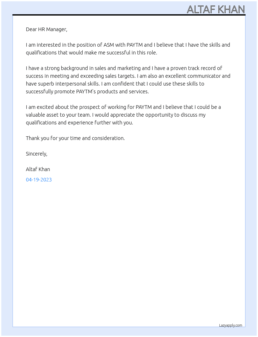 ASM At PAYTM Cover Letter