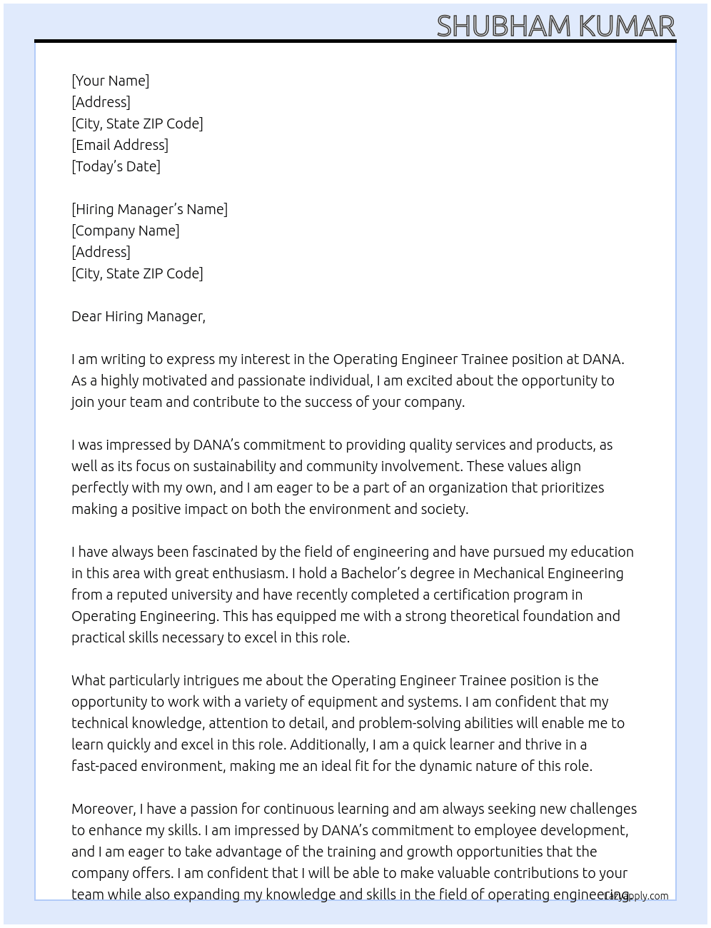 Operating engineer Trainee At DANA Cover Letter