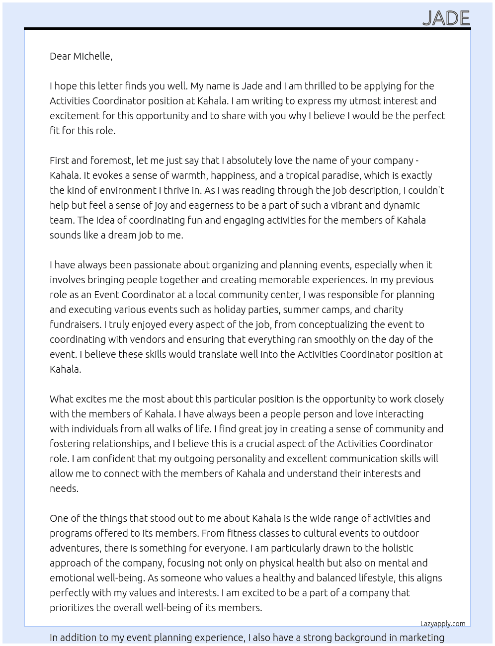 Activities Coordinator  At Kahala Cover Letter
