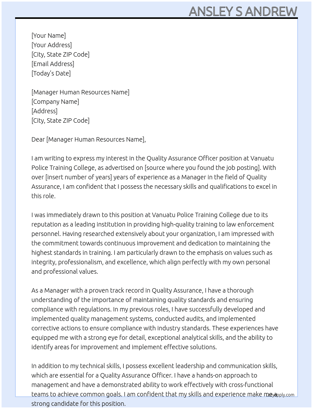 Quality Assurance Officer At Vanuatu Police Training College Cover Letter