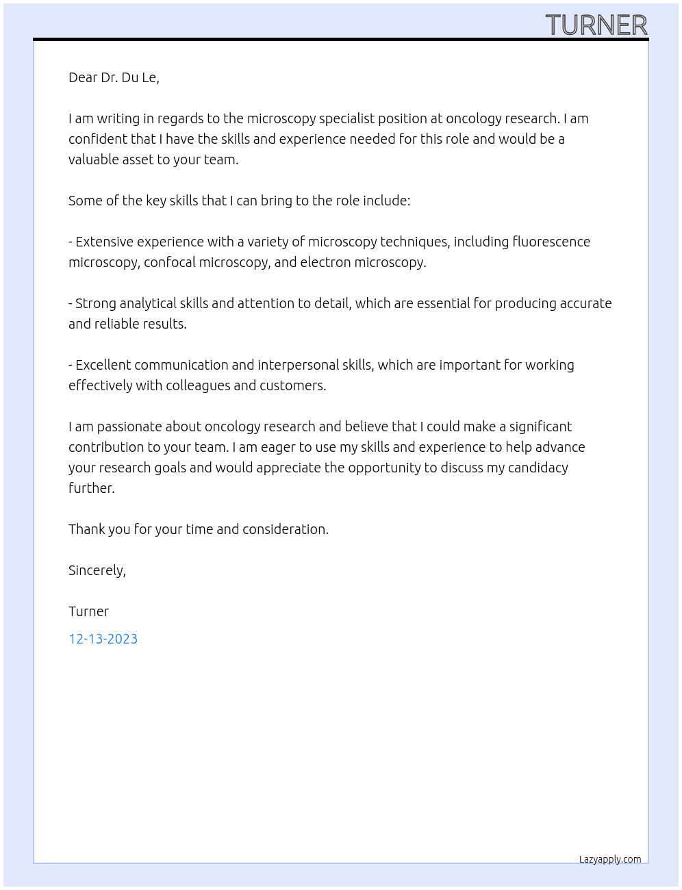 Microscopy specialist At oncology research Cover Letter
