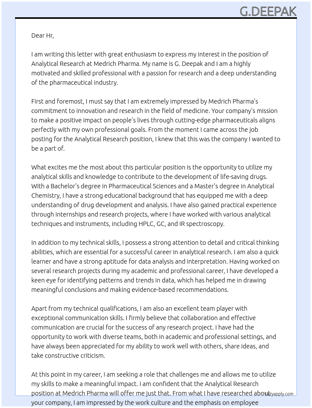 Analytical Research  At Medrich pharma Cover Letter