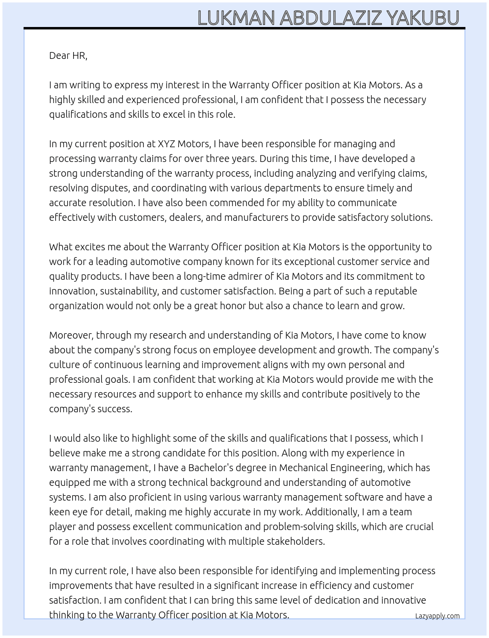 Warranty officer  At Kia Motors  Cover Letter