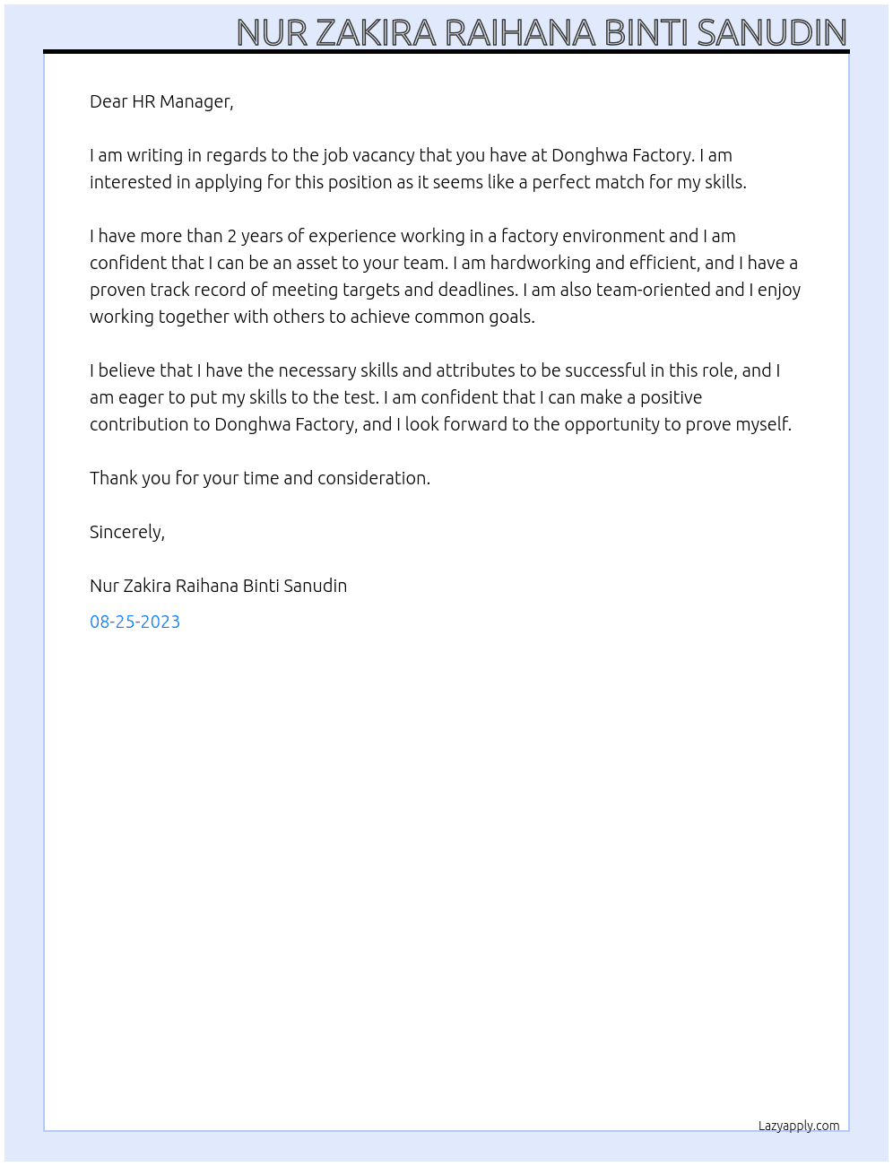 Any job vacancy  At Donghwa Factory Cover Letter