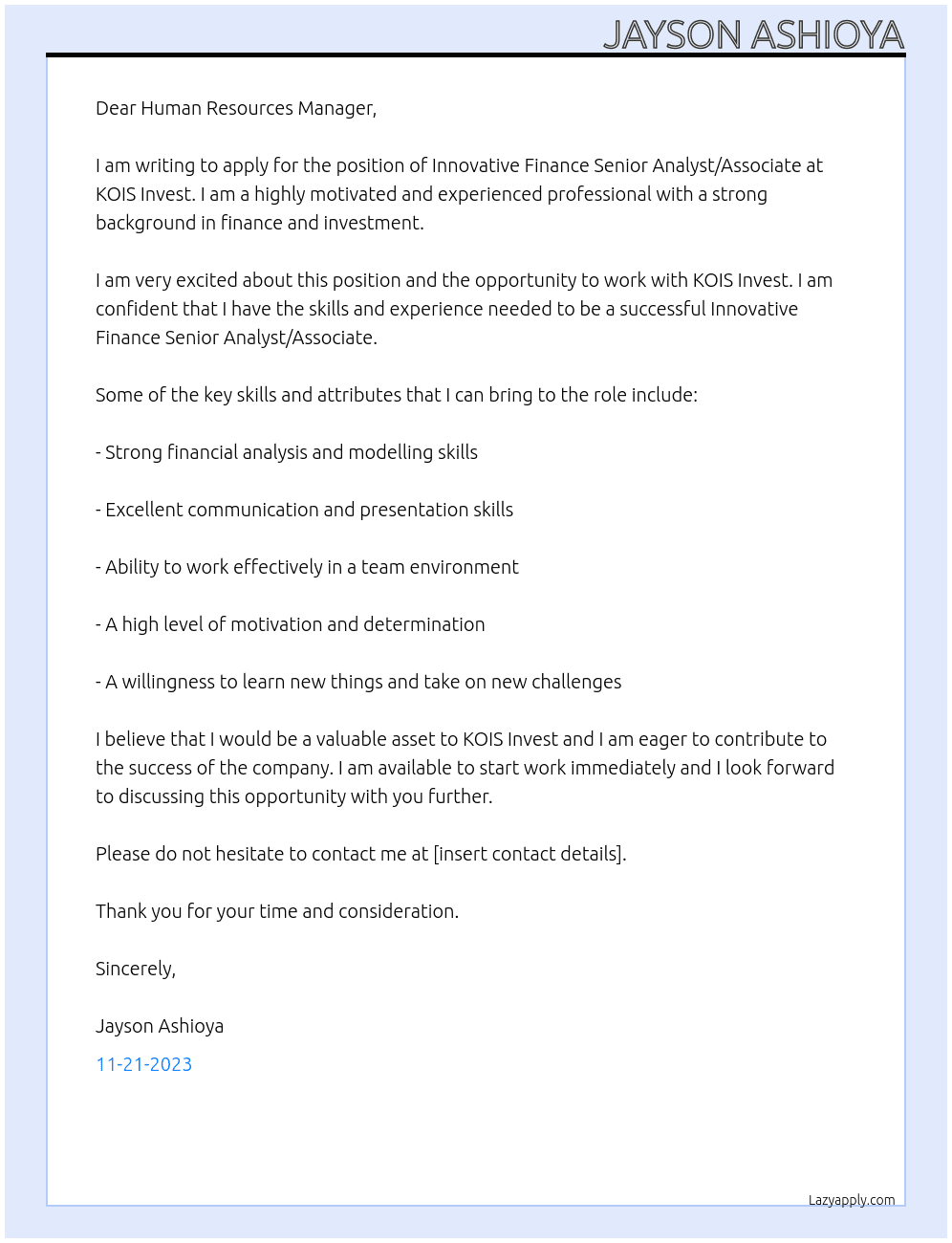 Innovative Finance Senior Analyst/Associate At KOIS Invest Cover Letter