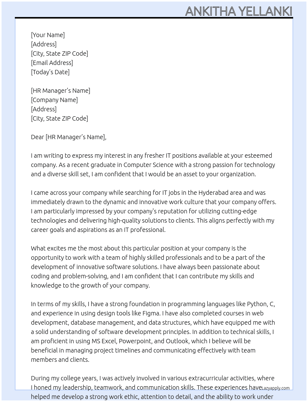any Fresher IT jobs At software companies Cover Letter