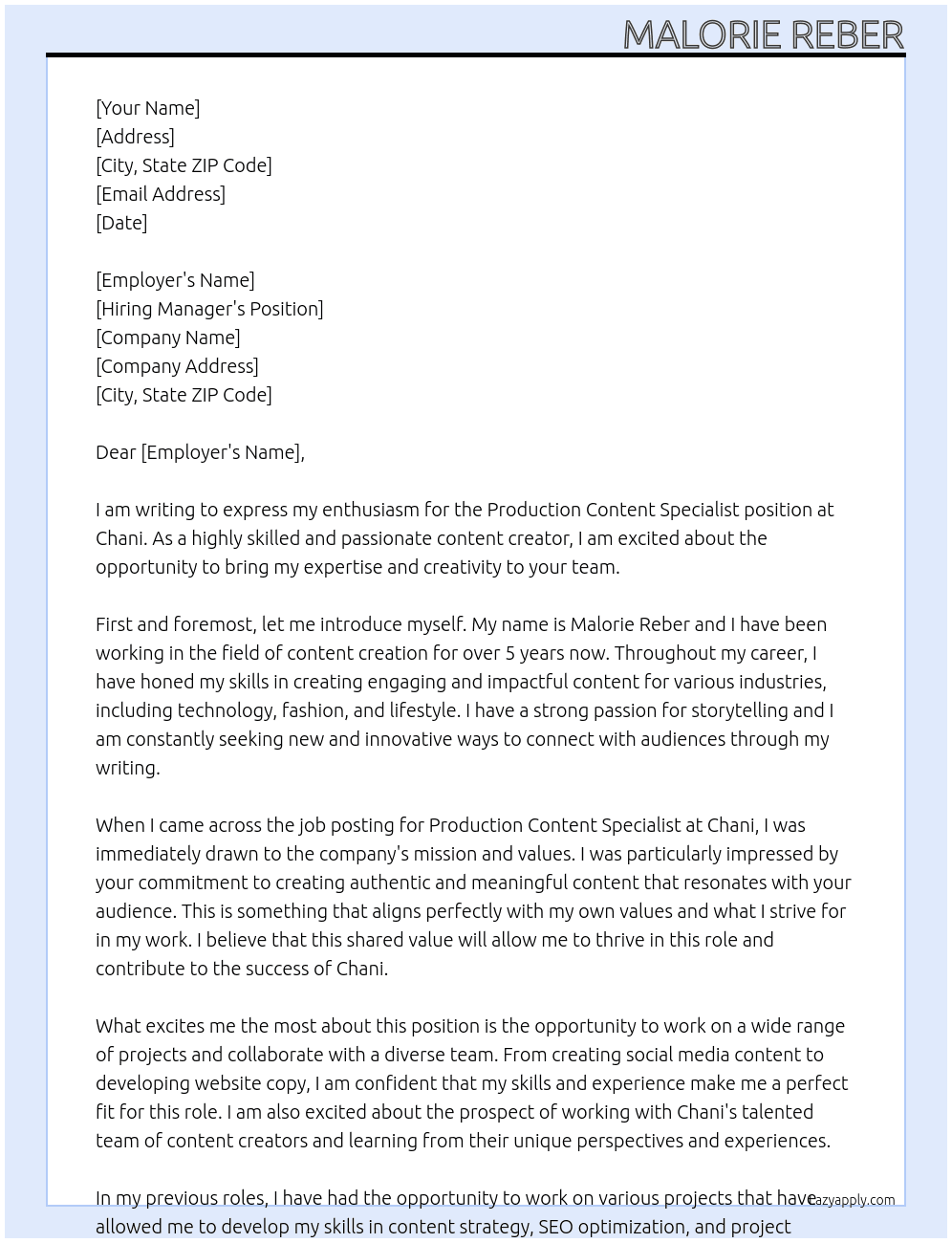 Production Content Specialist At Chani Cover Letter