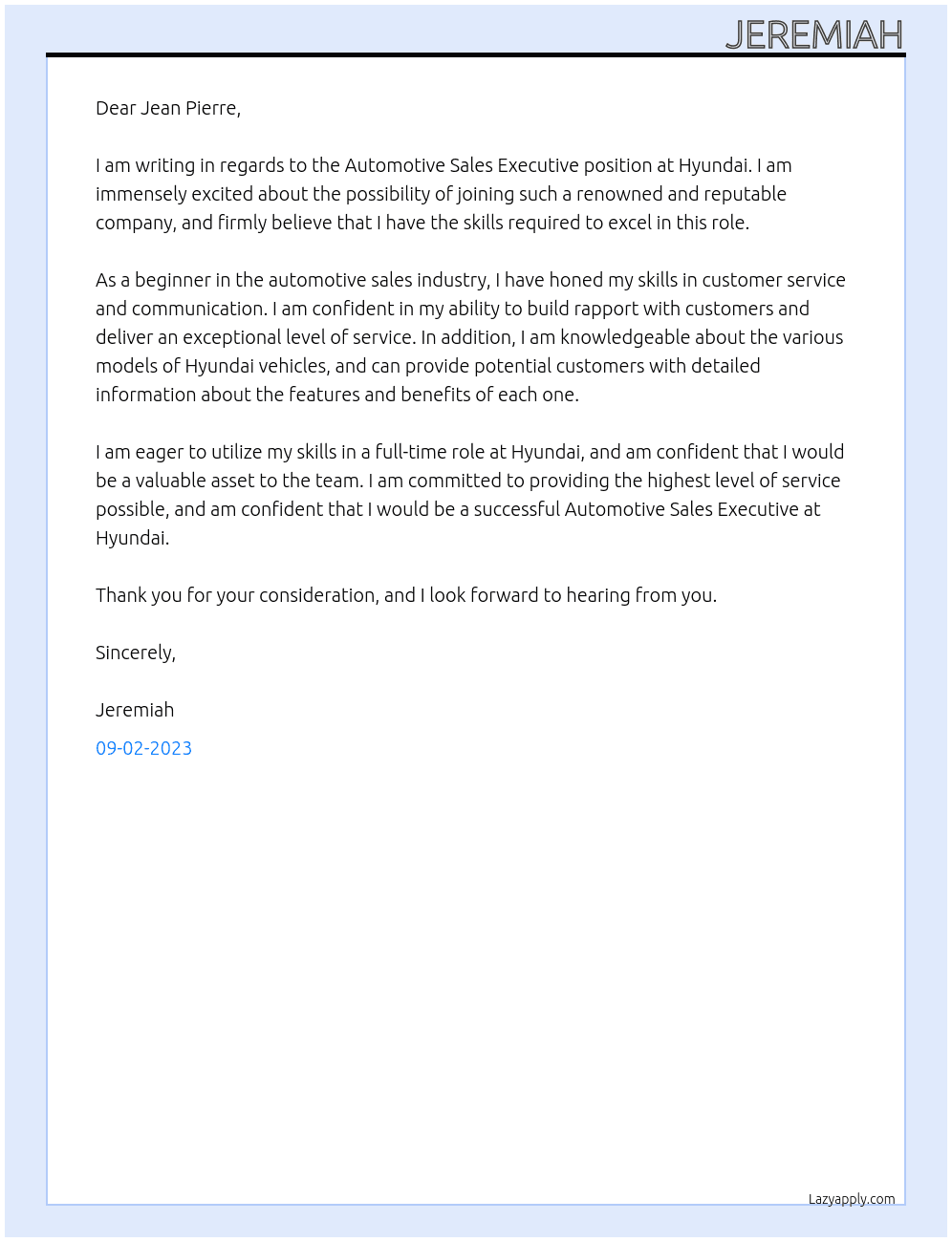 Automotive Sales Executive At Hyundai Cover Letter