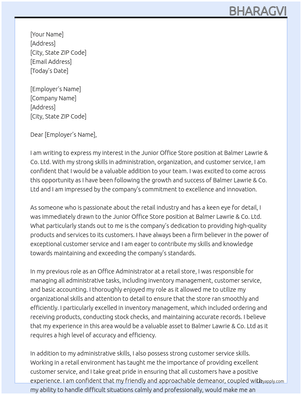 Junior Office Store At Balmer Lawrie & Co. Ltd Cover Letter