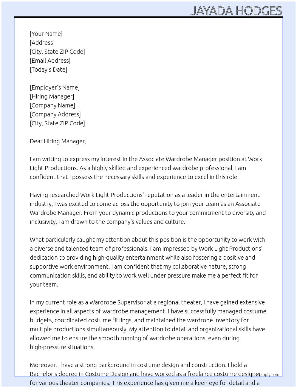 Associate Wardrobe Manager At Work Light Productions Cover Letter