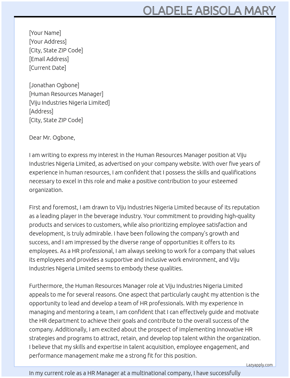 human resources manager At Viju  Industries Nigeria Limited Cover Letter
