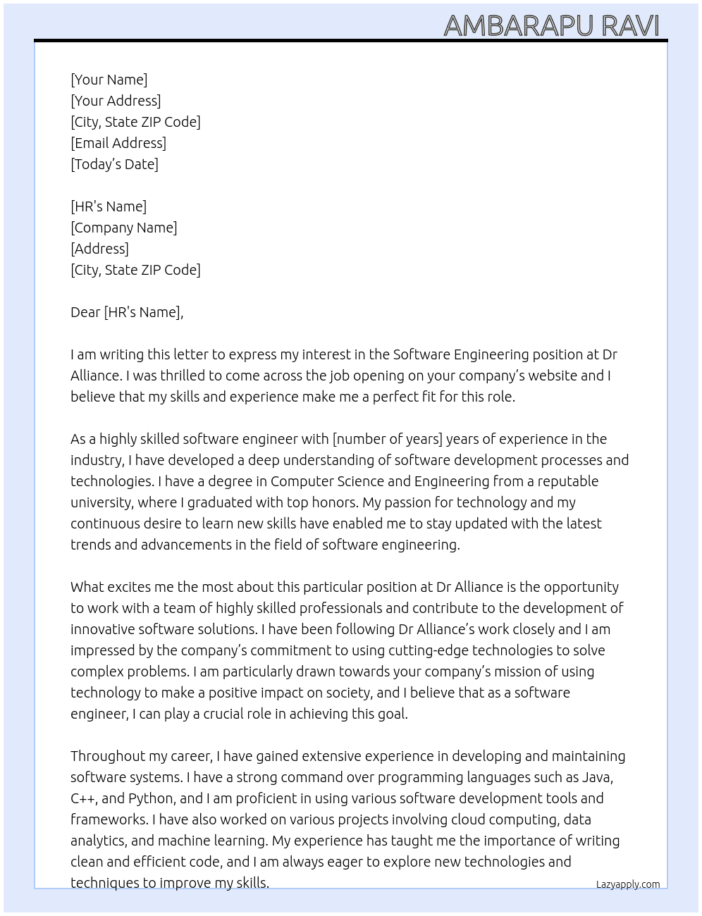 software enginnering At Dr alliance Cover Letter