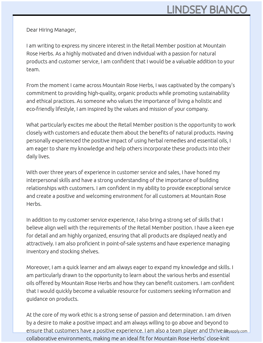 Retail Member At Mountain Rose Herbs Cover Letter