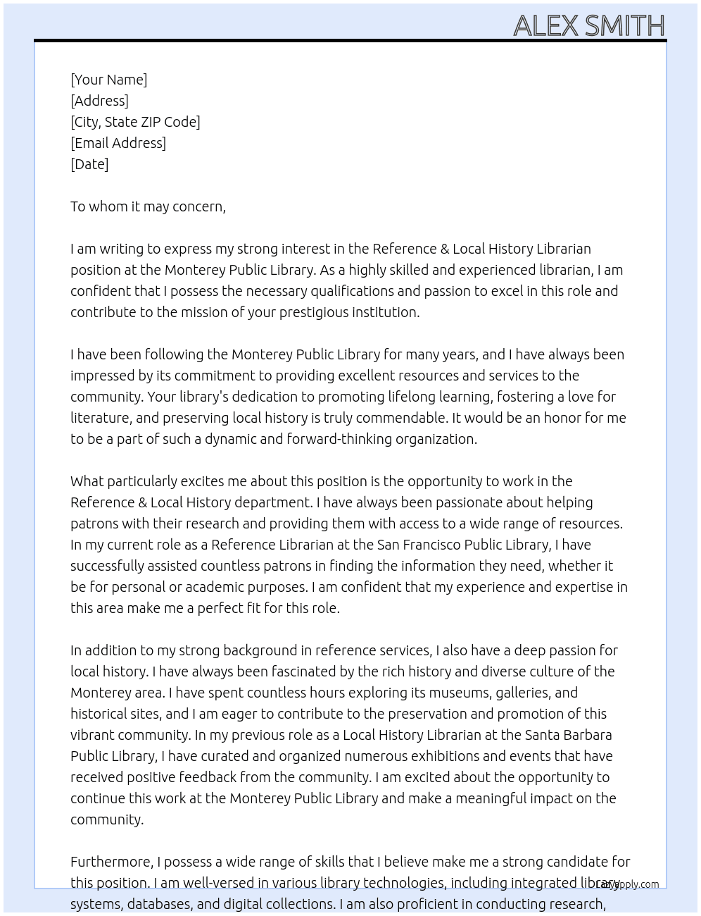 Cover letter for reference & local history librarian - LazyApply