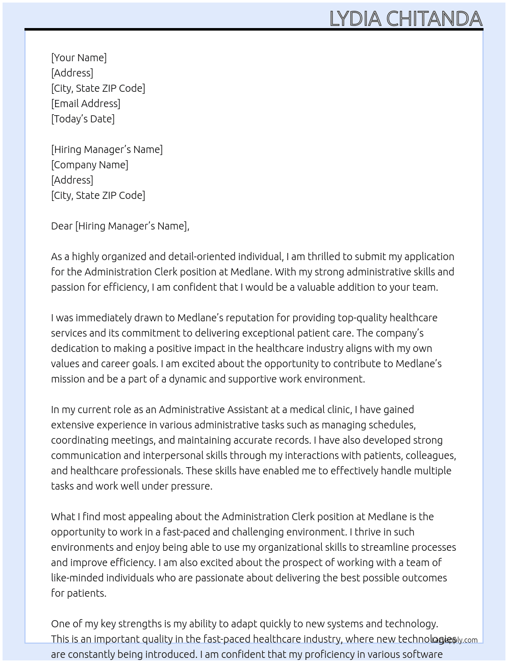 Administration clerk At Medlane Cover Letter