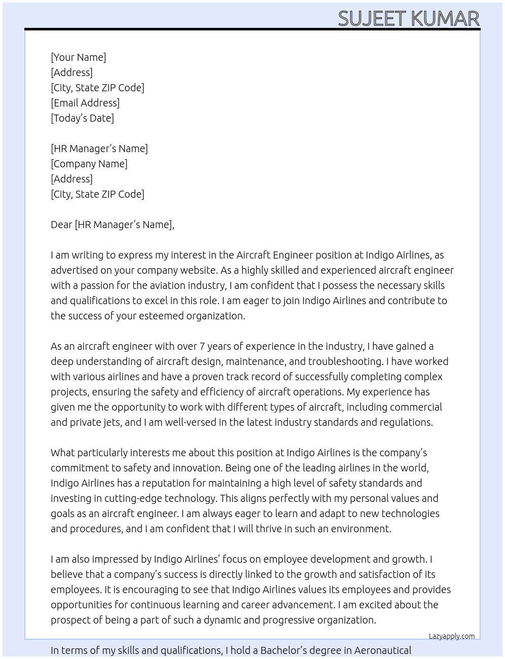 Cover letter for aircraft engineer - LazyApply