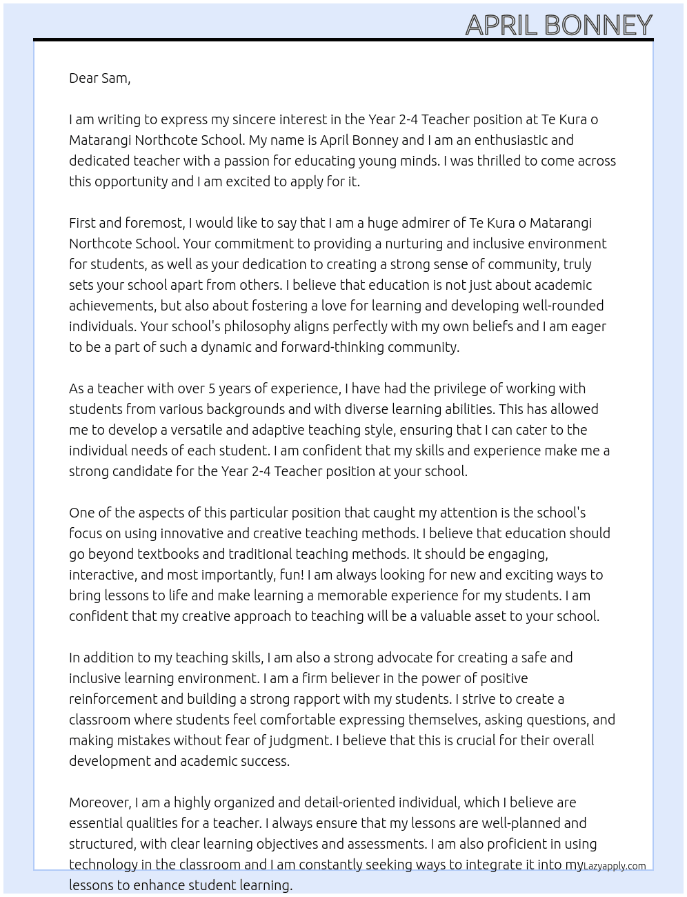 Year 2-4 Teacher At Te Kura o Matarangi Northcote School Cover Letter