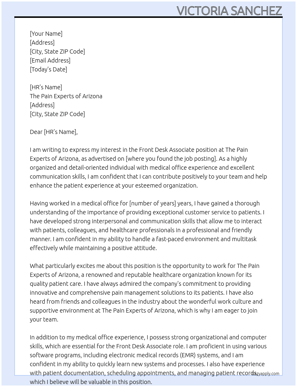Front Desk Associate At The Pain Experts of Arizona Cover Letter