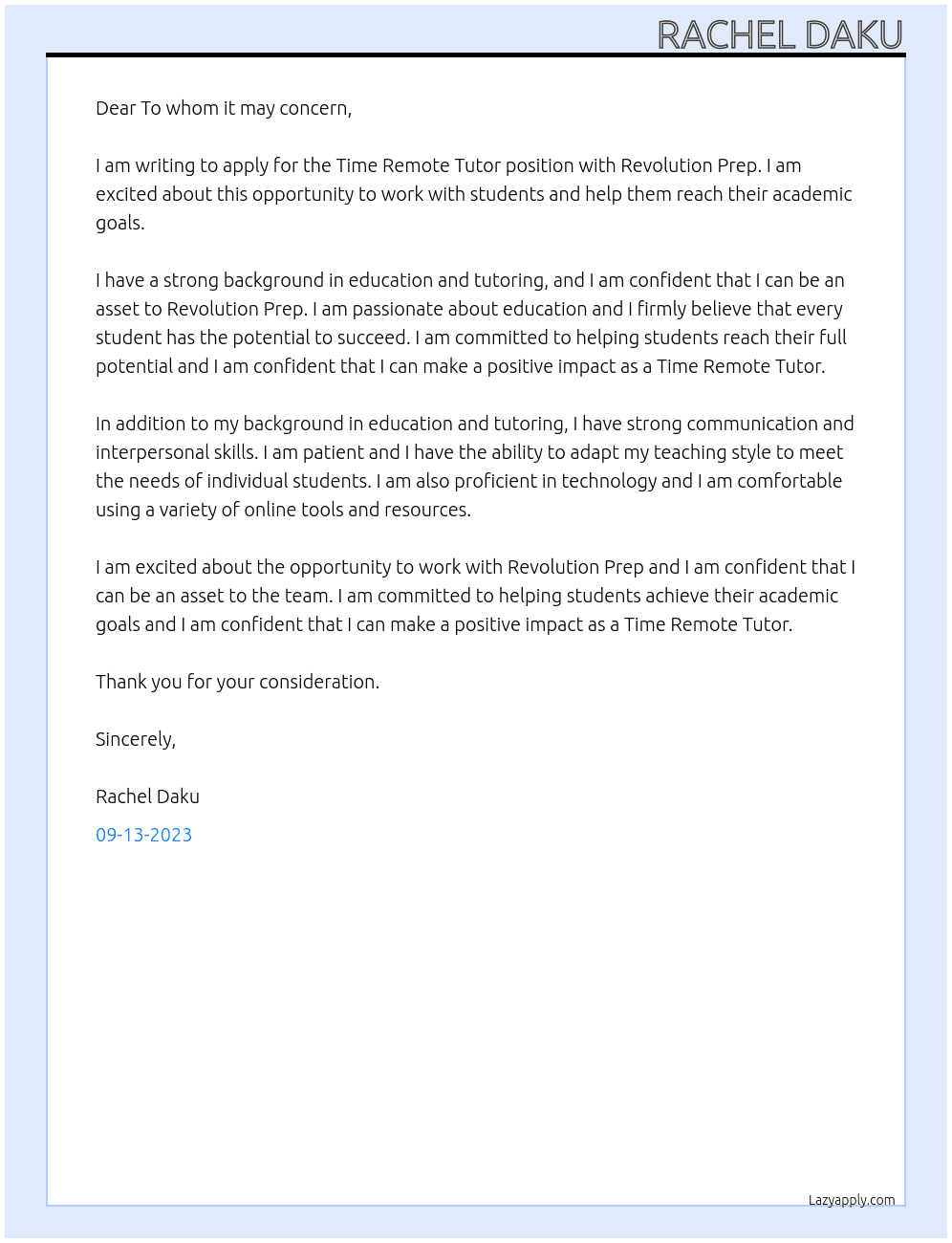 TIME REMOTE TUTOR At Revolution Prep Cover Letter