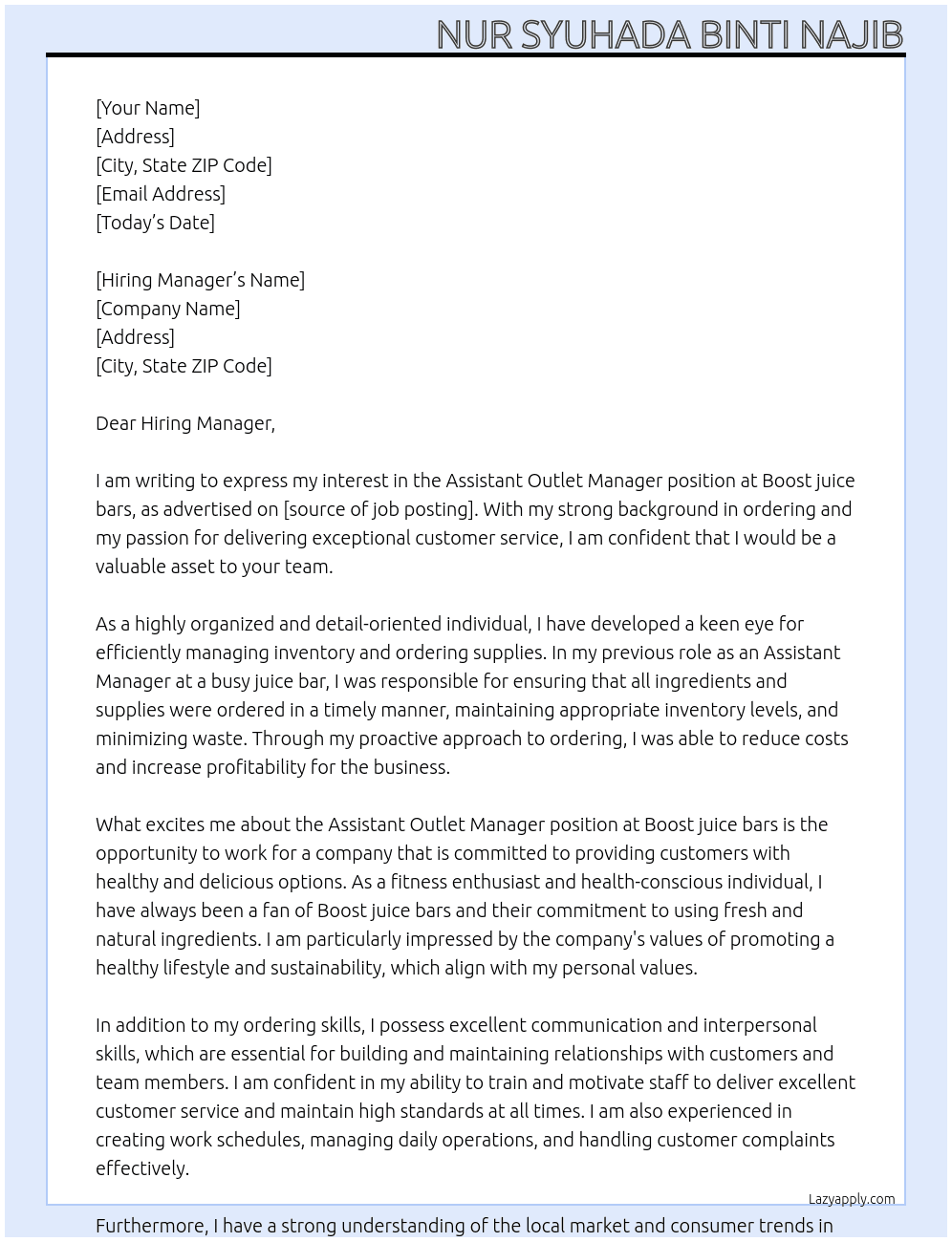 Assistant Outlet Manager At Boost juice bars Cover Letter