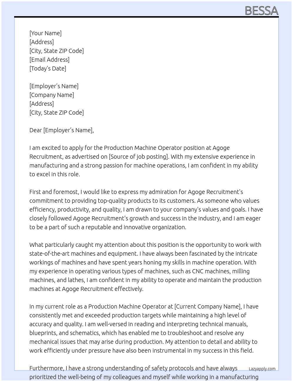 Production Machine Operator  At Agoge Recruitment Cover Letter