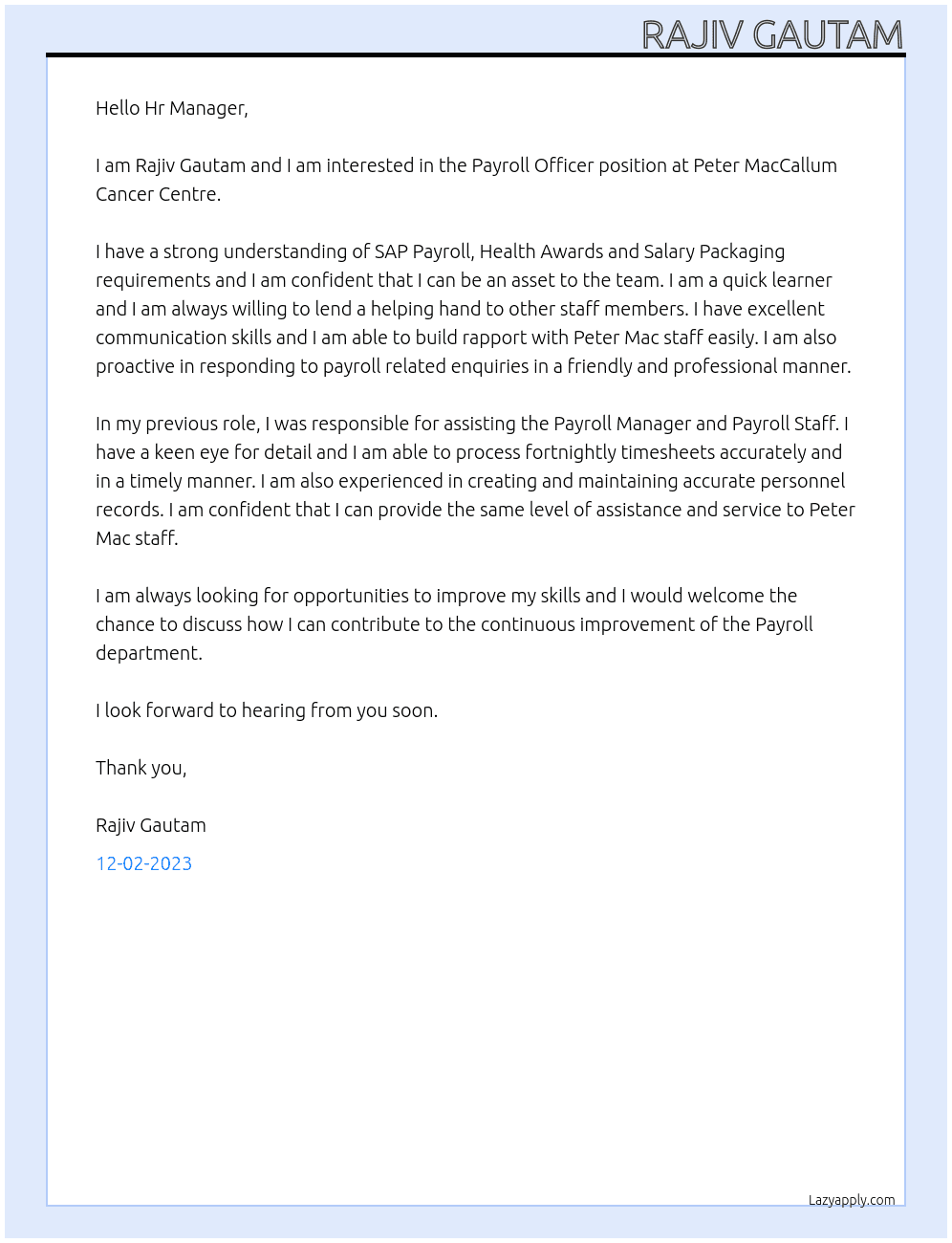 Payroll Officer At Peter MacCallum Cancer Centre Cover Letter