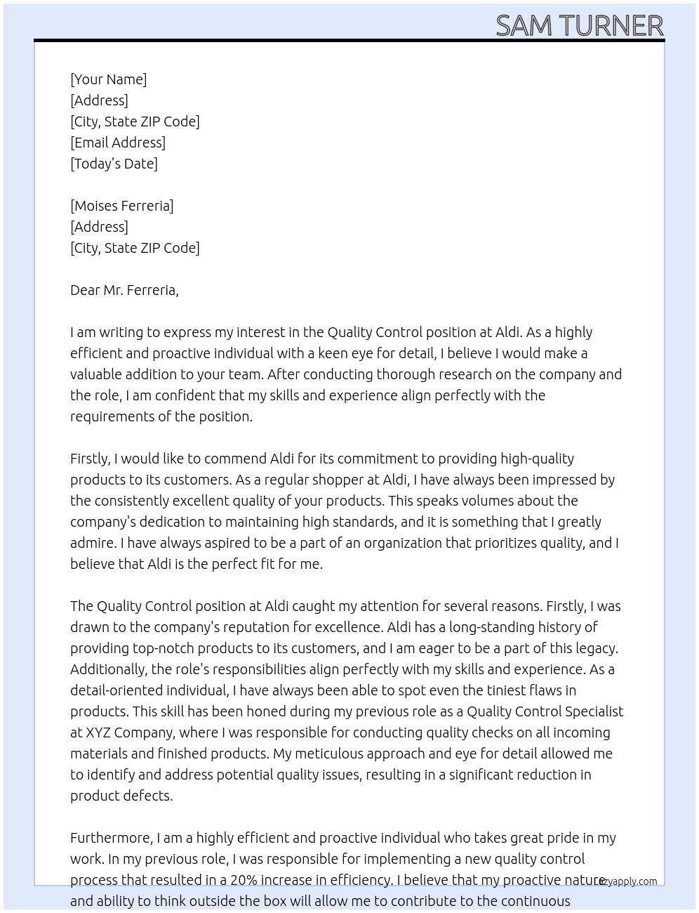 Quality control At Aldi Cover Letter