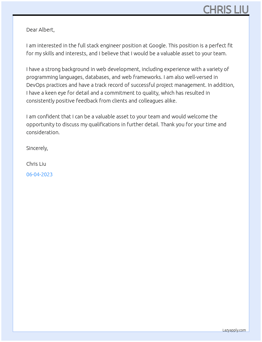 full stack engineer At google Cover Letter