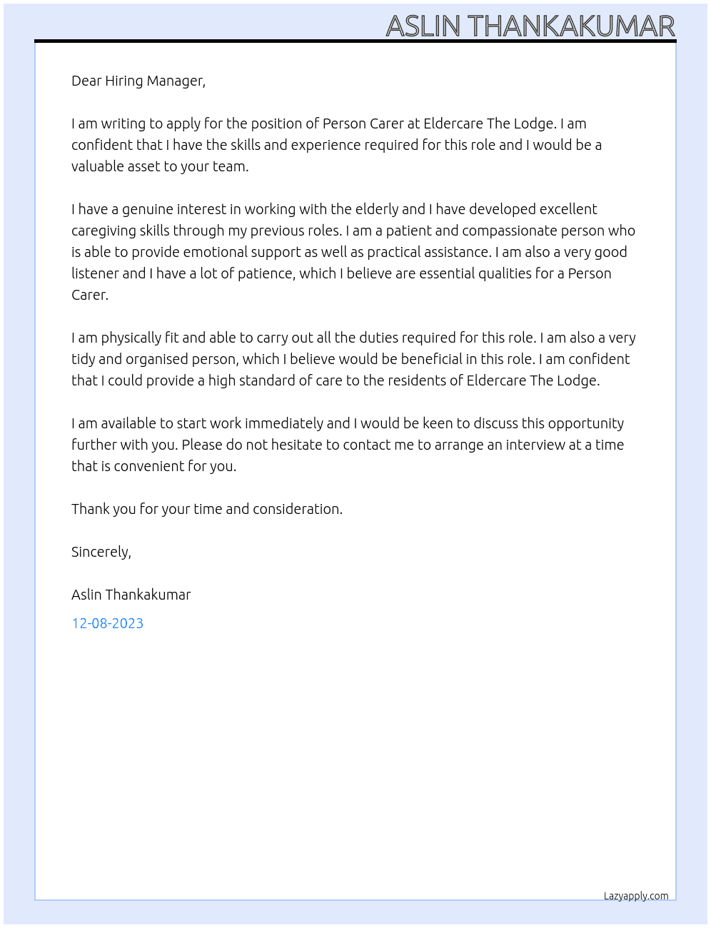 Person Carer At Eldercare The Lodge Cover Letter