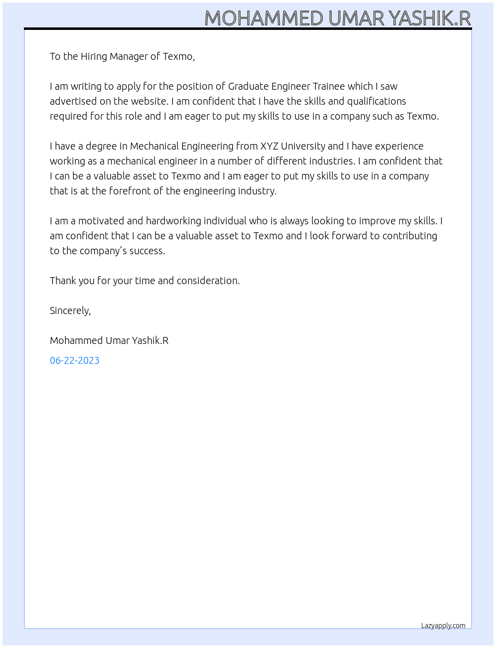 Graduate Engineer Trainee At Texmo Cover Letter