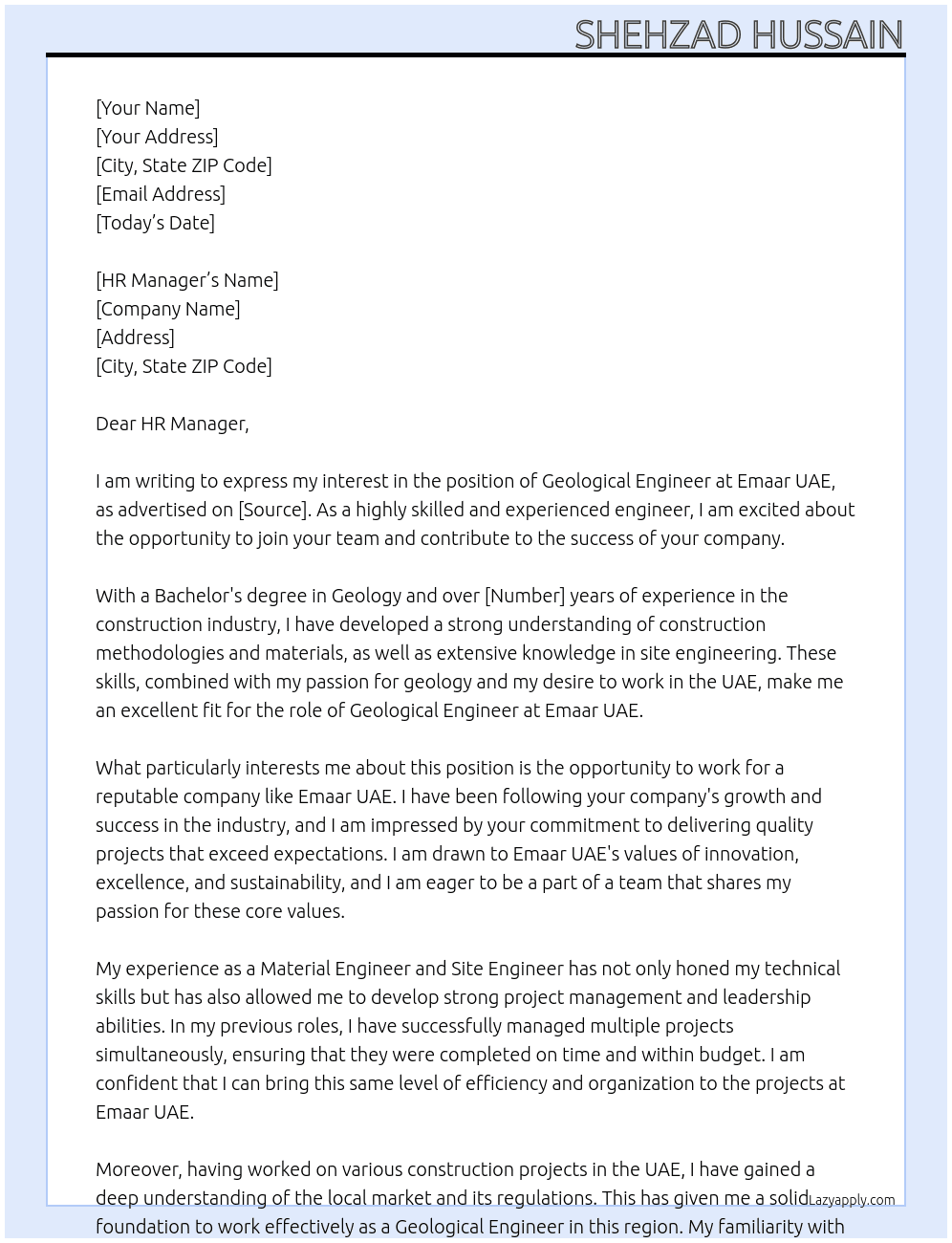 Geological Engineer At  Emaar UAE Cover Letter