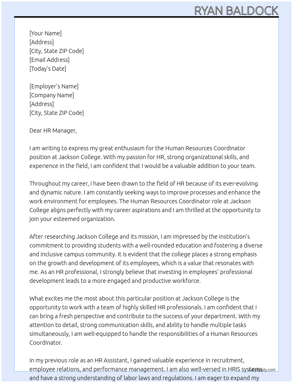 Human Resources Coordinator At Jackson College Cover Letter