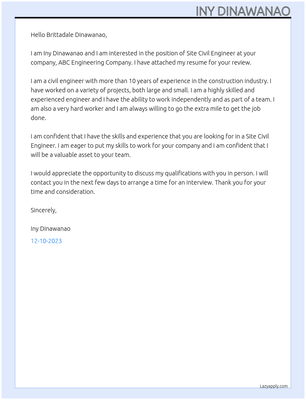 Site civil engineer At ABC Engineering Company Cover Letter